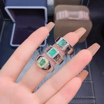 100% Přírodní Smaragd Snubní Prsten pro Muže, 4mm*6mm Emerald Stříbrný Prsten pro Party Módní 925 Stříbrné Smaragdový Prsten