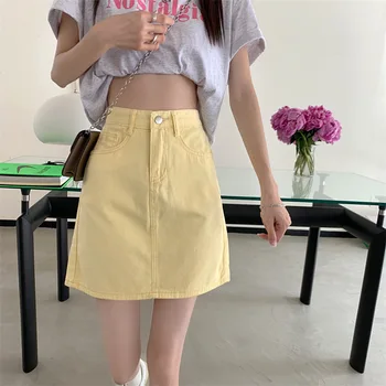 2022 Letní Žen Mini Sukně Vysokým Pasem Žluté Džínové Ženy All-Zápas Na Zip Fly Roztřepený Lem Streetwear Indie Slim Solid Sukně