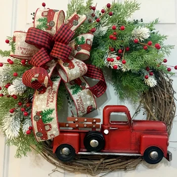 40cm Červený Kamion Vánoční Věnec Kroužky Ratanový Dárek pro Přední Dveře Díkůvzdání Dekorace Vánoční Dekor Rustikální Vánoční Věnec