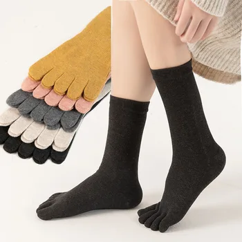 5 Párů jednobarevné Dlouhé Trubice Pět Prstů Ponožky Ženy Podzim Zima Tlusté Bavlněné Teplé Harajuku Neformální pracovní Ponožky s Prsty