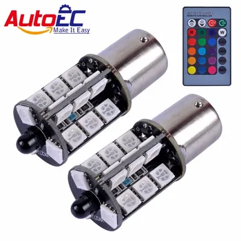 AutoEC 1 sada RGB Bezdrátové Ovládání 1156 27 SMD 5050 LED Žárovky Pro směrová Světla Parkovací Zálohování Světlomet Dálkový ovladač DC12v #LF86