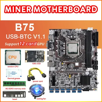 B75 12Card Těžba základní Deska+CPU+Fan+teplovodivou pastu+8G DDR3 RAM+128 G SSD+Napájecí Kabel+Ozvučnice 12USB3.0 LGA1155, DDR3 MSATA
