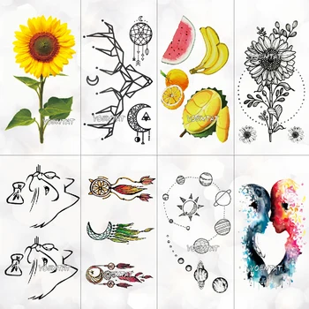 Barva ovoce slunečnice Dočasné Tetování Nálepka Ženy, roztomilý linky kočka vzor body Art Nový Design Falešné Muži Tetování