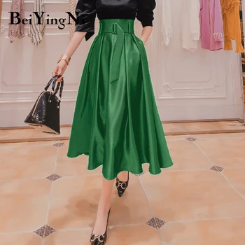 Beiyingni-line Midi Sukně pro Ženy, Pevné, Elegantní Satén Vintage Kapsy korejský Módní Vysokým Pasem Dlouhá Sukně S Pás Faldas