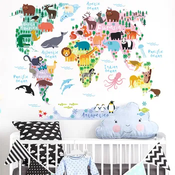 Careative Mapa Světa Zvířecí Zeď Nálepky Pro Mateřské Školy Třídy Děti Pokoj Domácí Dekorace Diy Safari Nástěnné Umění Pvc Obtisky