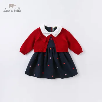DBM14515 dave bella podzimní dětská dívčí roztomilý luk výšivky svetr šaty děti módní party šaty děti, kojence lolita oblečení
