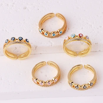 Dvojité Vrstvy Barevné Zlé Oko Prsteny pro Ženy Otevřené 18K Pozlacený Prsten Zirkon Štěstí, turecké Svatební Šperky Vánoční Dárky