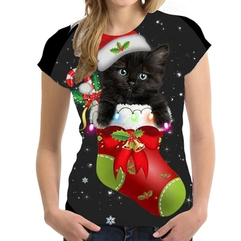 Dámské Vánoční tričko Dovolenou Oblečení Ležérní Móda Krátký Rukáv Top 3D Kreslená Kočka Tisk Muži Pulovr 2022