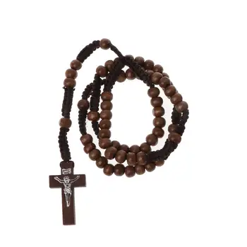 Dřevěné Korálky Růžence Náhrdelníky s Ježíšem Otisk Kříž Náboženské Ježíš Šperky