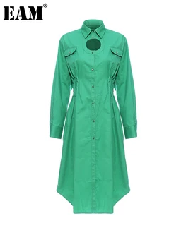 [EAM] Ženy Zelený Skládaný vyhloubit Velké Velikosti Šaty Nové Klopě Dlouhý Rukáv Loose Fit Módní Příliv Jaro Podzim roku 2023 1N238