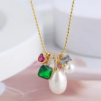 Evropské a Americké šperky sladké tří-dimenzionální srdce, čtverec kapka vody barevné flash drill sladkovodní pearl náhrdelník