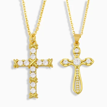 FLOLA Katolický Kříž Náhrdelník Pro Ženy Zlato Pokovené CZ Vydláždit Krystal Přívěsek Náhrdelník Zirkony Christian Šperky nkeu04