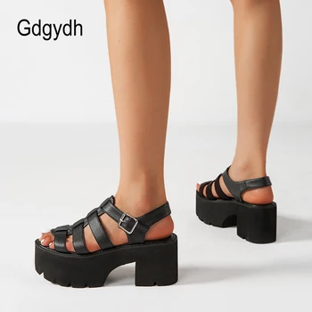 Gdgydh Gladiator Ženy Sandály Dvakrát Platformy Podpatky Sandály Open Toe Černé Kožené Spony Popruh Letní Boty Pohodlné