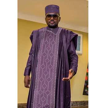 H&D Africké Oblečení pro Muže Tradice Svatební Party Oblečení Bazin Župan Výšivka Fialové Tričko, Kalhoty 3 Ks Sada Dashiki Nigérie