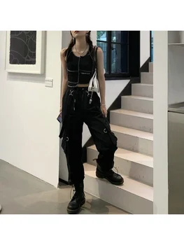 HOUZHOU Harajuku Gotické Jogging Kalhoty Ženy Streetwear Černé Vysoké Pasu Nadrozměrných Goth Ležérní Široké Nohy Kalhoty Pro Ženy