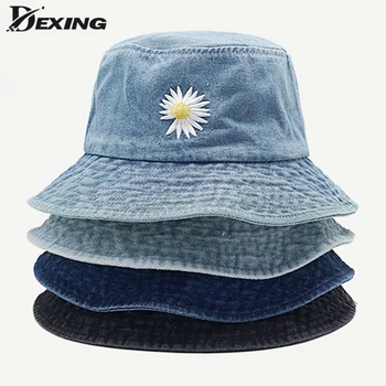 IN Korean Daisy Výšivky Kbelík Klobouk Ženy Muži Letní Panama Sun Hat Módní Květina Bob Washed Denim Rybář Klobouk