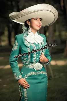 Jade Green Vintage Mořská panna Večerní Šaty s Dlouhým Rukávem Jakcet Přivedla Mexicano Výšivka Venkovní Prom Příležitosti Šaty