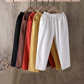 Jarní Letní Bavlněné Plátěné Kalhoty Velké Velikosti Ženy Kalhoty Pevné Ležérní Volné Prádlo Capri Kalhoty Ženský Harém Kalhoty Ženy