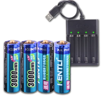 KENTLI 1,5 v 3000mWh žádný paměťový efekt aa dobíjecí li-ion polymer lithium baterie + USB Nabíječka 4 sloty
