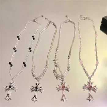 Korejský Módní Vintage Goth Růžová Černá Crystal Cross Přívěsek Perlový Řetěz Náhrdelník Pro Ženy Muži Grunge Šperky Y2K Příslušenství