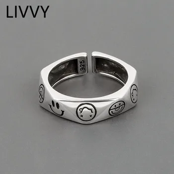 LIVY Stříbrná Barva Usmívající se Tvář Prsten Jednoduchá Geometrie Thai Stříbrná Pro Ženy Módní Kreativní Strana Šperky Dárkové