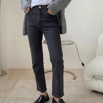 Na jaře a na podzim ženy ležérní jednobarevné high-rise slim rovné nohy džíny