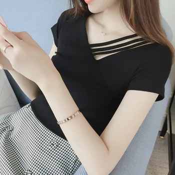 Nové letní krátký rukáv ženy bílé tričko ženy V-neck volné korejské černý top ležérní soucitný trend t košile ženy