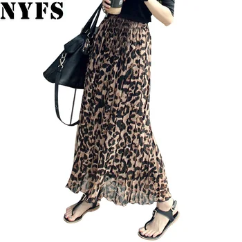NYFS Japonský Styl Letní Leopard tisk elegantní Ženy Sukně Šifon Long beach skládaná sukně saias femininas