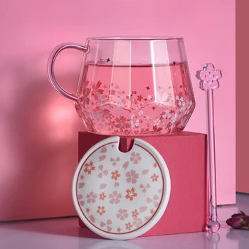 Pink Cherry Blossom Sklo s Víkem Vysoká Borosilikátového žáruvzdorného Vody Šálek Roztomilé Míchání Lžíce Dívka Šálku Kávy Dívka, Dárek Hrnek