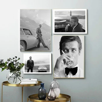 Pán Špionážní Film 007 Plakát, Bond Cars Černé a Bílé Herec Otisky Film Malířské Plátno Umění Zdi Obraz Obývací Pokoj Dekor