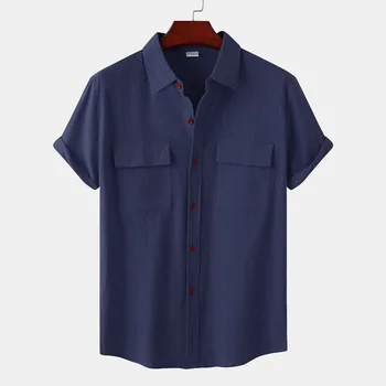 Pánské Obchodní Holiday Mužské Košile Bavlněné Povlečení Pevné Bílé Tričko Pro Muže Letní Double Pocket Krátký Rukáv Ležérní Tričko