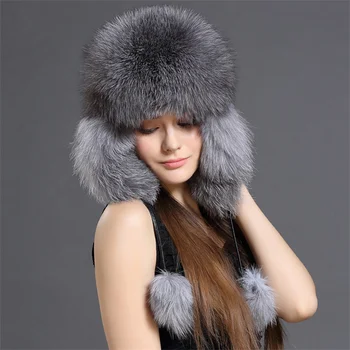 Přírodní Fox Kožešiny Bombardér Čepice Zimní Teplé Žen Nadýchané Originální Fox Kožešiny Earflap Čepice Luxusní Kvalitní Ruská Dáma Real Fox Fur Hat