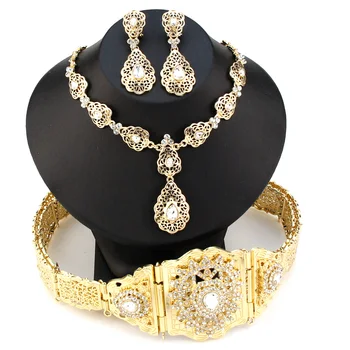Sunspicems Elegantní Maroko Kaftan Pás Nevěsta Šperky Sady Zlato Barva Crystal Náušnice, Náhrdelník, Pásek, Arabské Ženy, Svatební Šperky