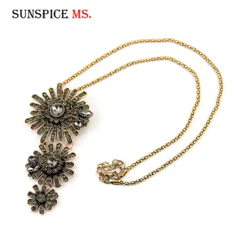 Sunspicems Vintage Šedá Crystal Květina Náhrdelník Pro Ženy Starožitné Zlaté Barvy Dlouhý Přívěsek Náhrdelník, Indická Strana Šperky Dárkové