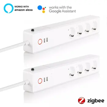 Tuya Zigbee EU Zásuvka 16A, Smart Power Strip Bar Připojte Prodlužovací Kabel s 4 AC zásuvky a 2 USB Práci s Alexa Google Assistant