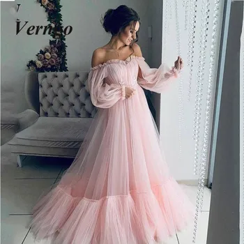 Verngo Off rameno maxi šaty pro svatební hosty načechraný tyl šaty pro ženy korzet s dlouhými rukávy formální šaty