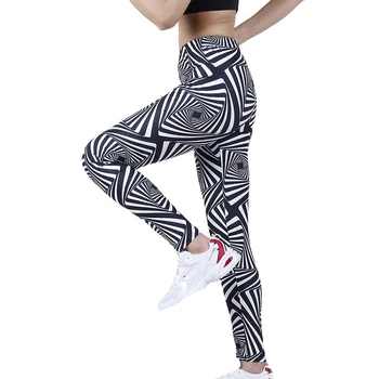 VIIANLES Černé Bílé Geometrické Proužek Tisk Legíny Ženy Nové Elastické Fitness Leginy Polyester Kotník-Délka Úseku