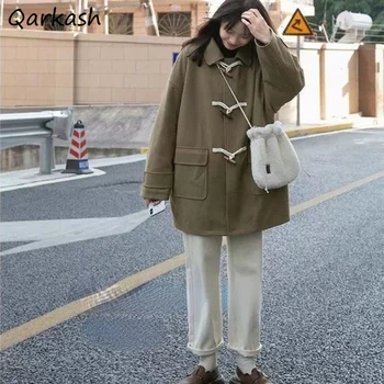 Vlněné Směsi Žen, Tlačítko Klaksonu Japonsko Styl Preppy Jednoduché Teplé Zimní oblečení svrchní Sladké Volný čas Populární Volné Dospívající All-zápas Žena