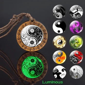 Yin Yang Tai Chi Symboly Svítící Náhrdelník Sklo Přívěsek Lano Řetěz Dřevěný Náhrdelník Záře V Temné Módní Šperky
