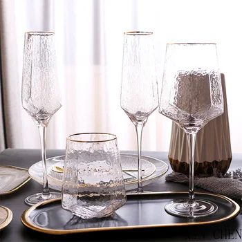 Červené víno sklo ve tvaru diamantu tloukl skla se zlatým okrajem Nordic vintage křišťálový pohár se zlatým okrajem sklenice šampaňského